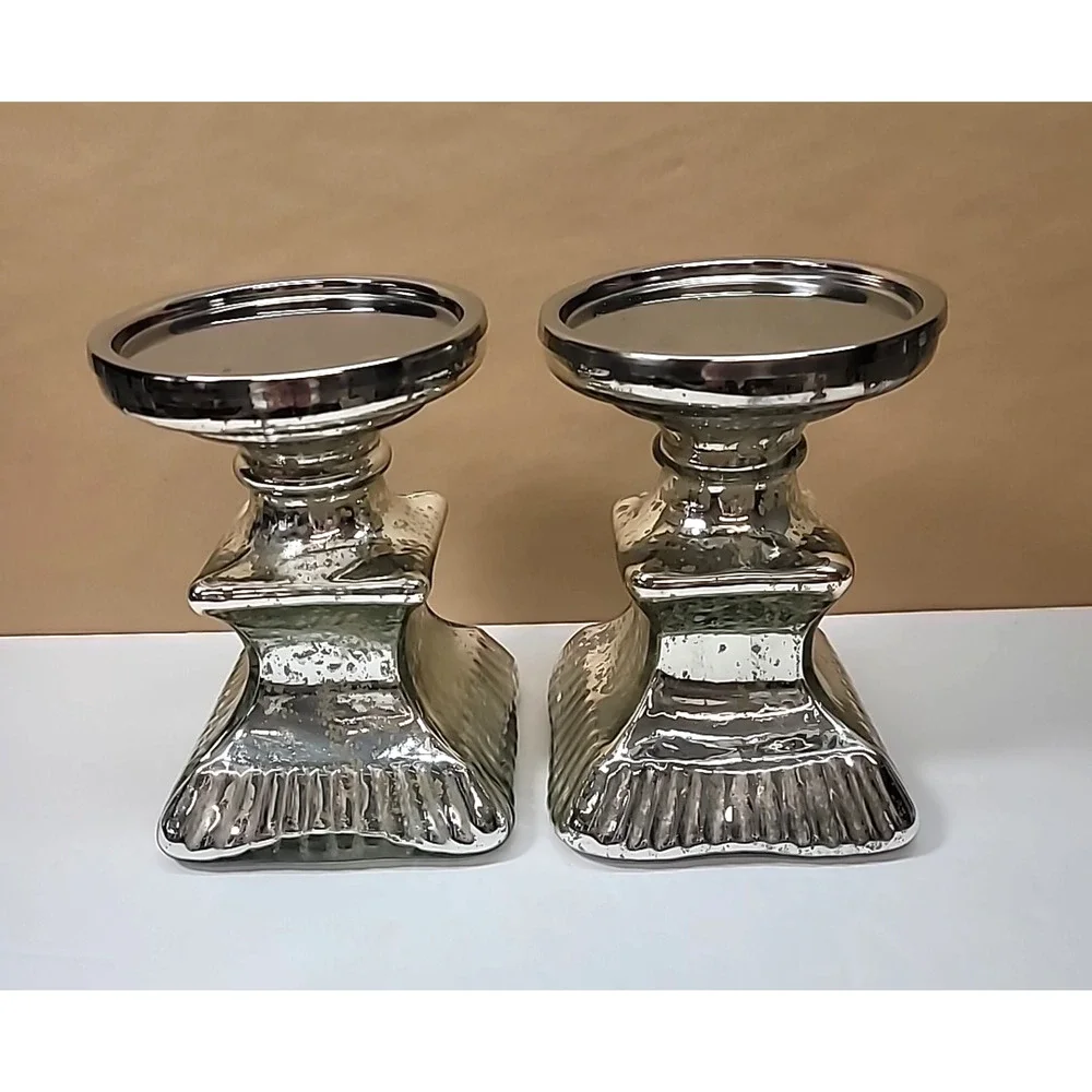 Pair Of Mercury Glass‎ Pillar Candle Holders 7.25” Tall-Square Base